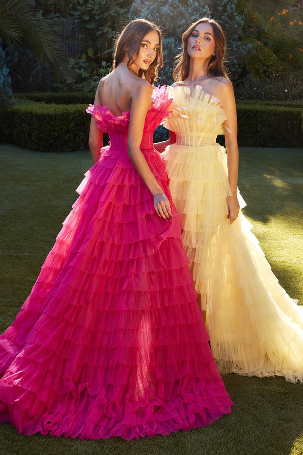 Andrea & Leo A1240 High-Low Ruffled Tiered Tulle Gown Feather Details - Glamourous Grace