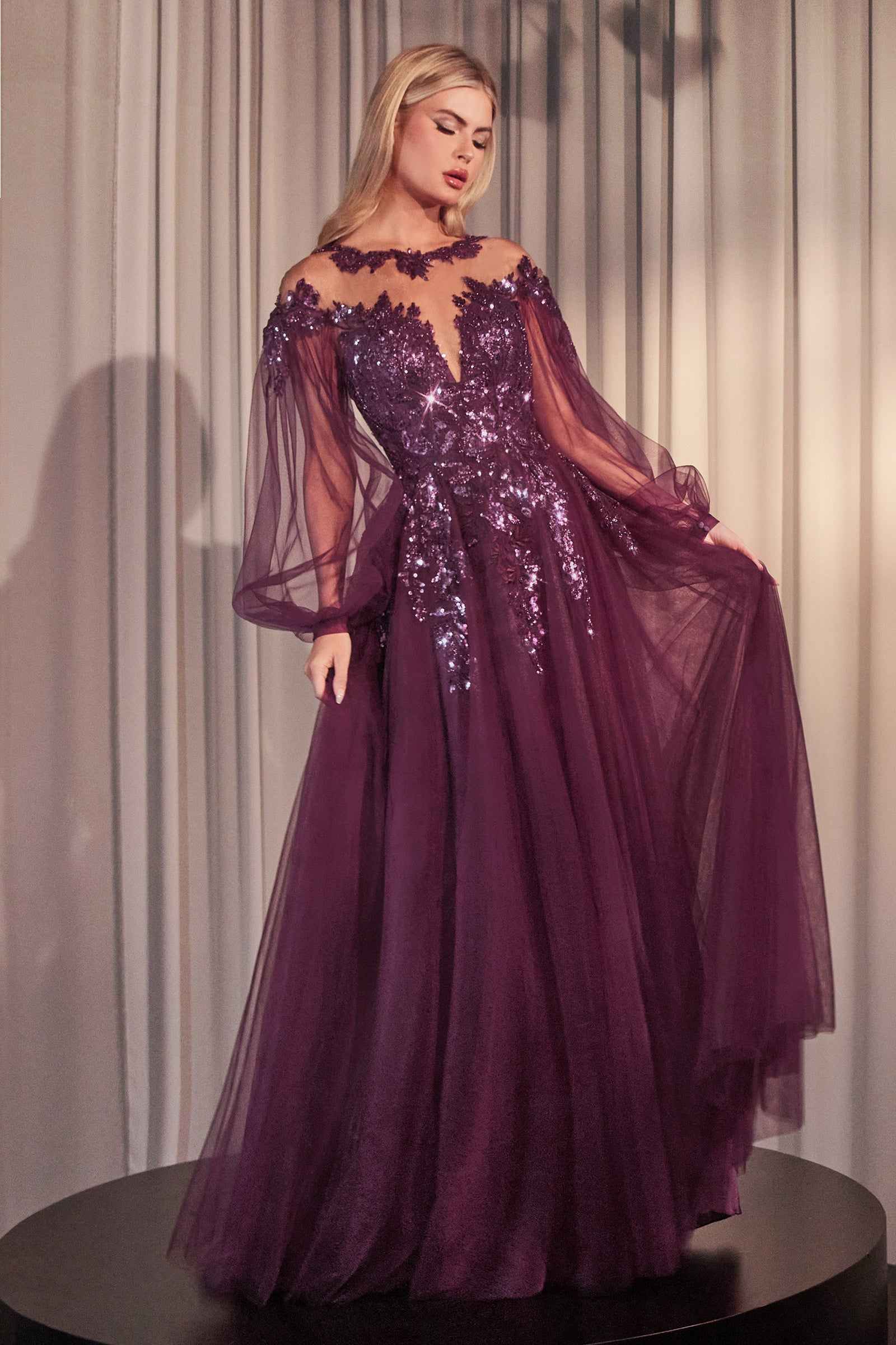 Andrea & Leo A1263 Long Sleeve A-Line Tulle & Lace Gown - Glamourous Grace