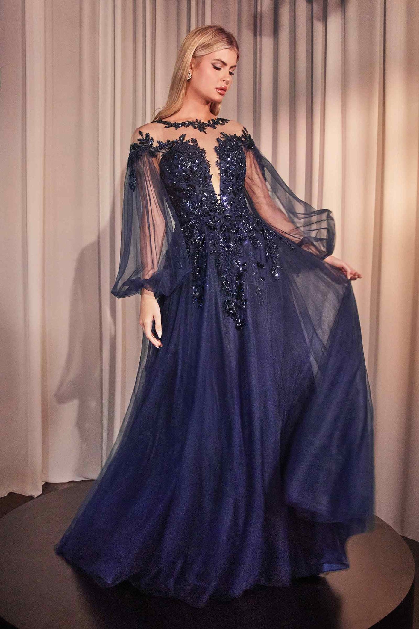 Andrea & Leo A1263 Long Sleeve A-Line Tulle & Lace Gown - Glamourous Grace