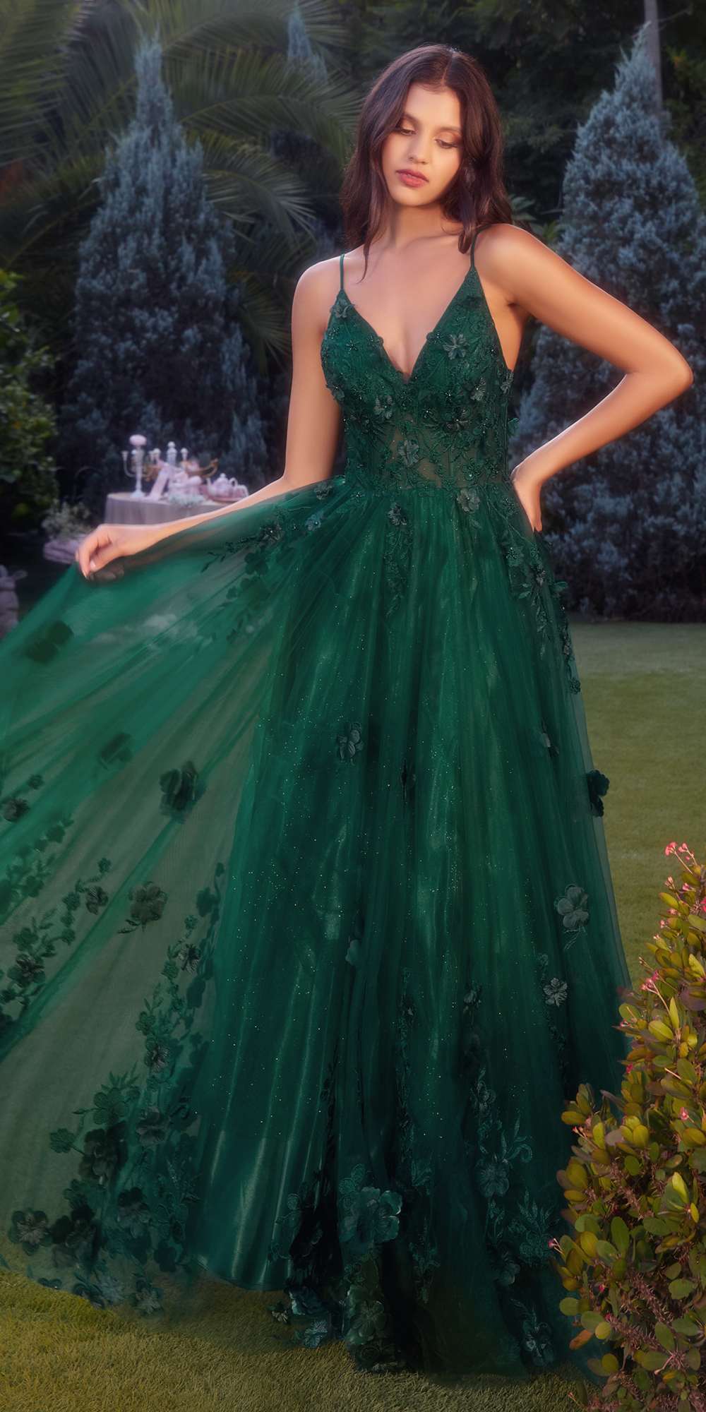 Andrea & Leo A1326 Long Tulle A-Line Floral Applique Gown - Glamourous Grace