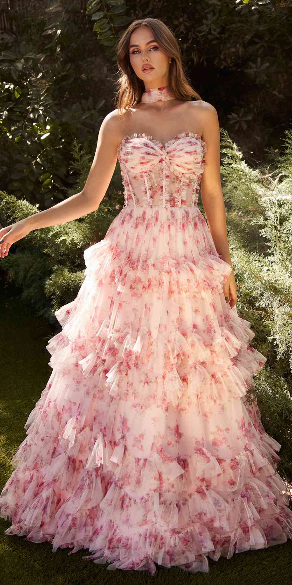 Andrea & Leo A1334 Long Floral Printed Strapless Tiered Skirt Dress - Glamourous Grace