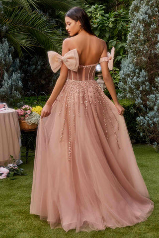 Andrea & Leo A1338 Long Strapless Beaded Gown with Bow Arm Bands