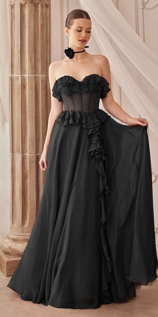 Andrea & Leo A1341 Long Strapless Chiffon Ruffle A-Line Dress