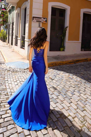 Nox Anabel A1382 Long Floral Applique Bodice Fitted Satin Gown