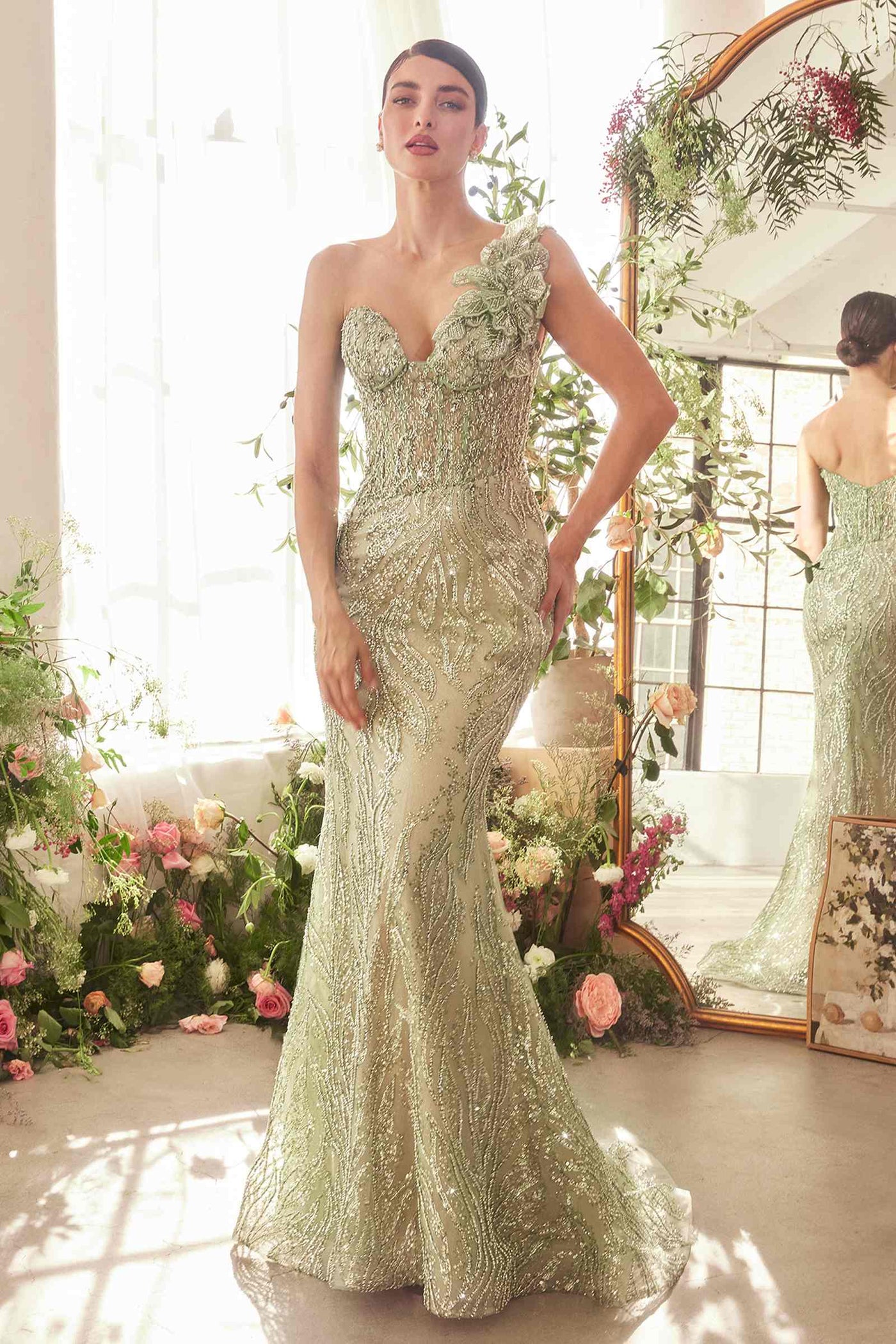Andrea & Leo A1392 Dress One Shoulder Fully Beaded Floral Motif Gown - Glamourous Grace