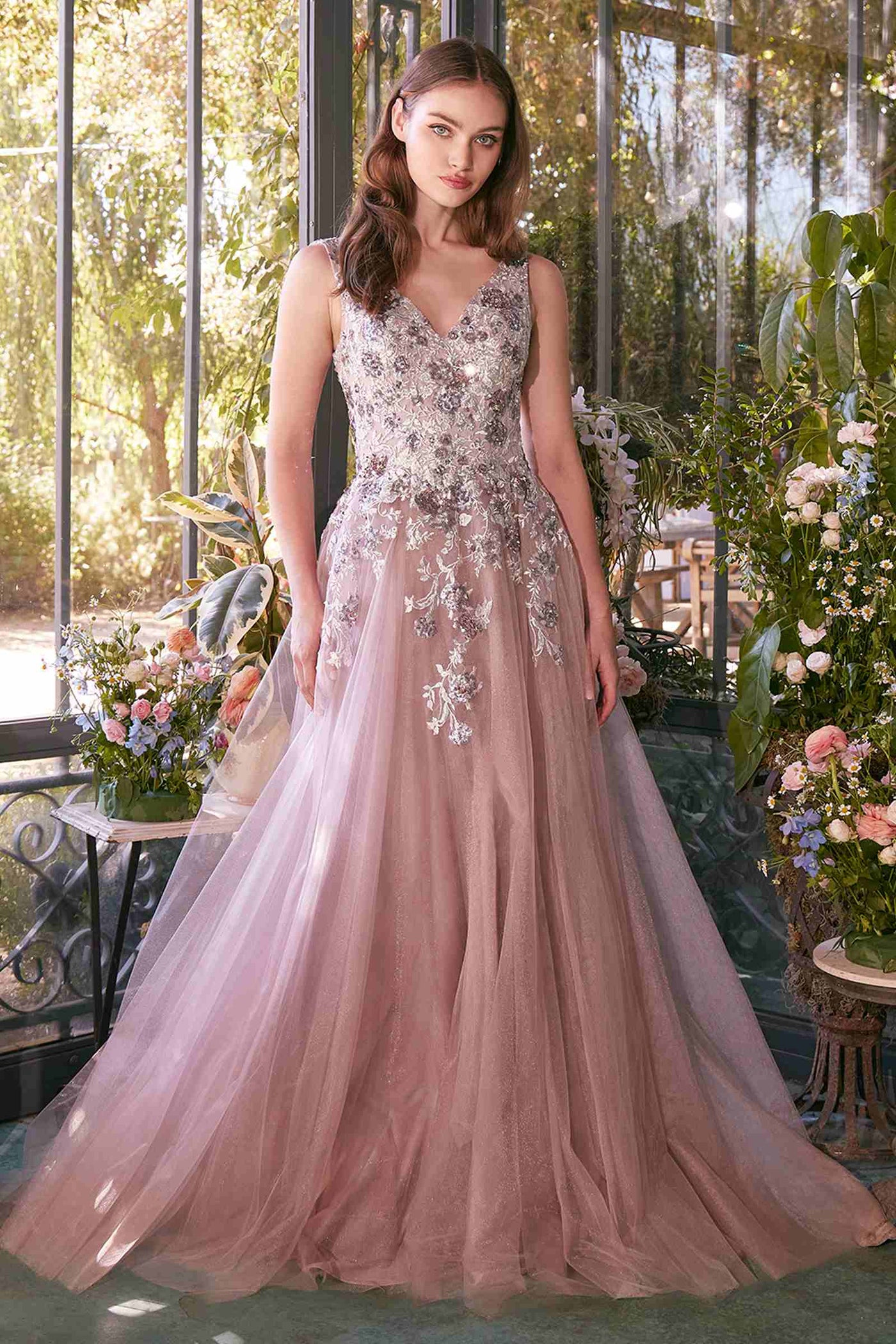 Andrea & Leo A1401 Dress Sequin Bouquet V-Neck Gown - Glamourous Grace