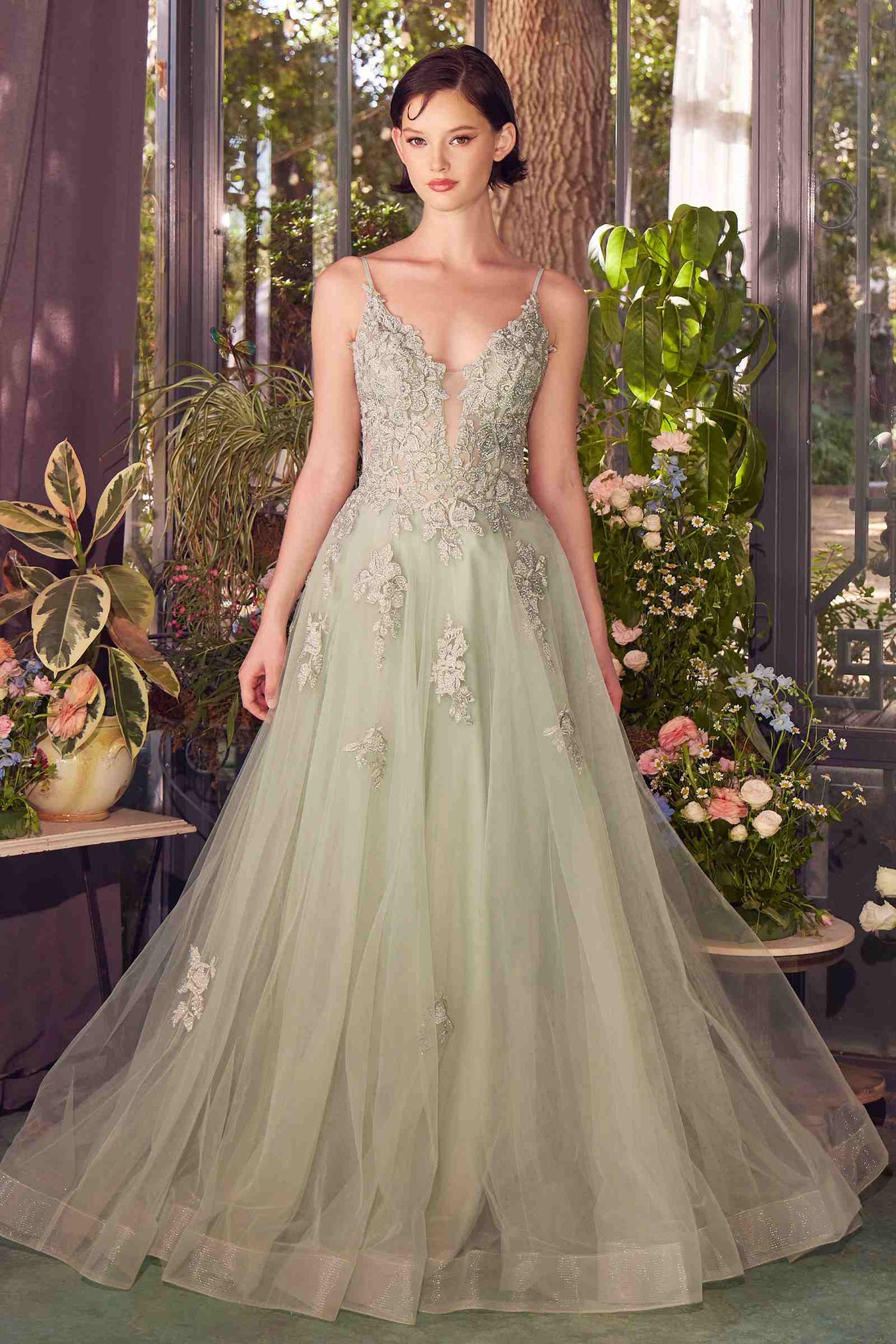 Andrea & Leo A1417 Dress Lace Appliqued A-Line Layered Tulle Gown - Glamourous Grace
