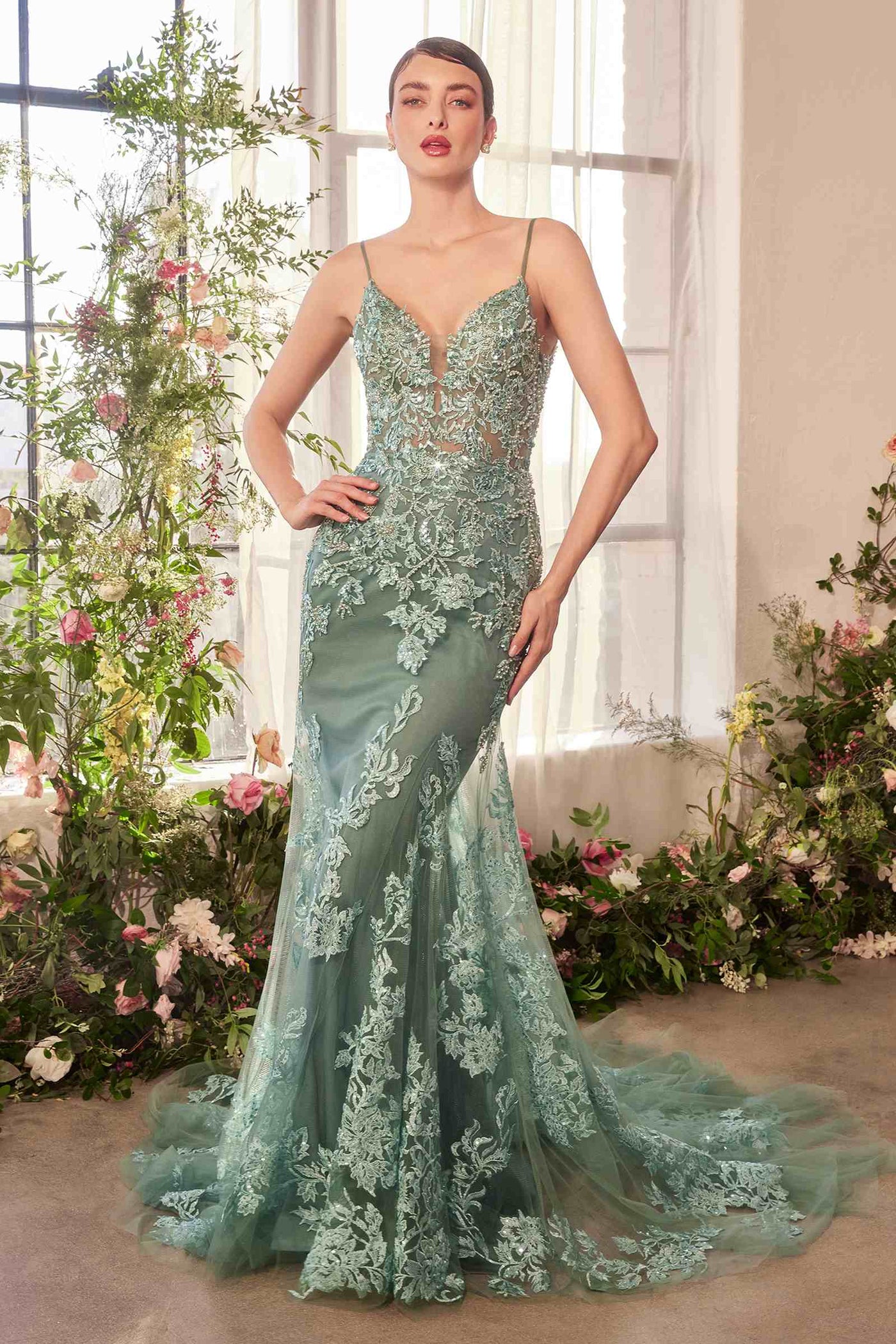 Andrea & Leo A1421 Dress Foliage Beaded Lace Mermaid Gown - Glamourous Grace