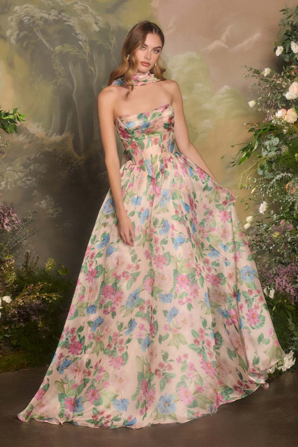 Andrea & Leo A1425 Long A-Line Strapless Corset Bodice Floral Print Gown - Glamourous Grace