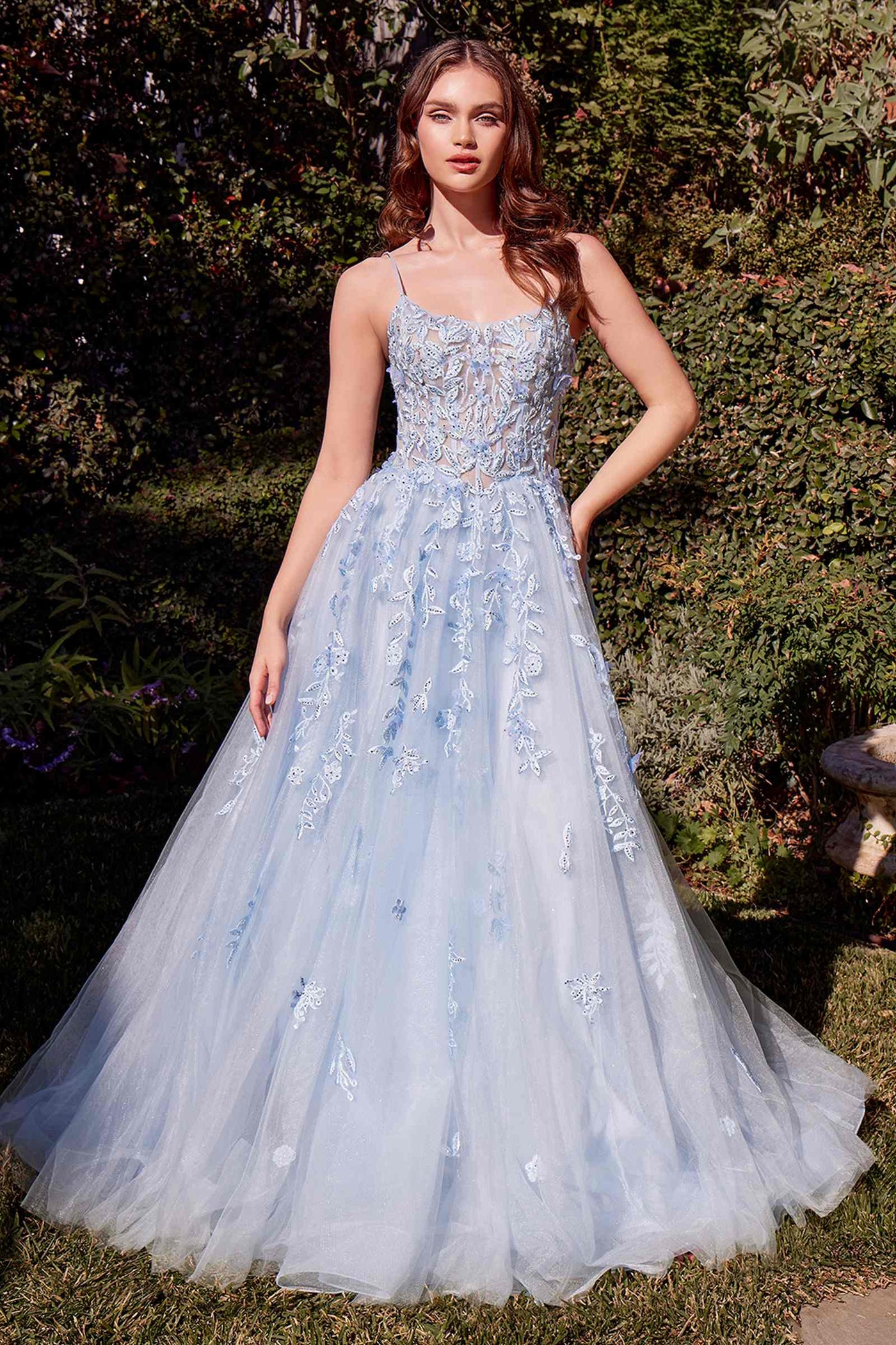 Andrea & Leo A1437 Dress Light Blue Leaf Motif Appliqued A-Line Gown - Glamourous Grace