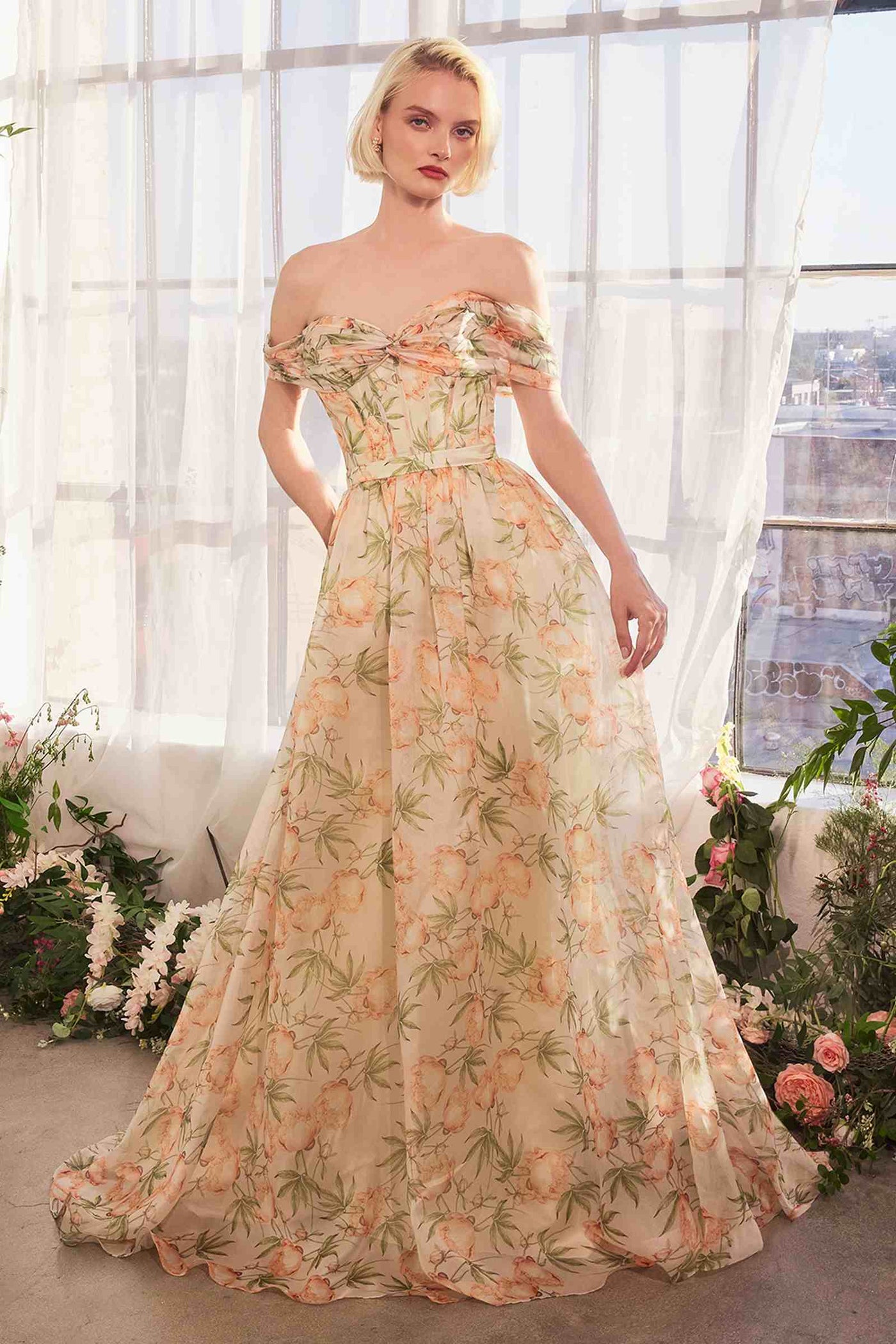 Andrea & Leo A1466 Dress Floral Printed Off The Shoulder A-Line Gown - Glamourous Grace