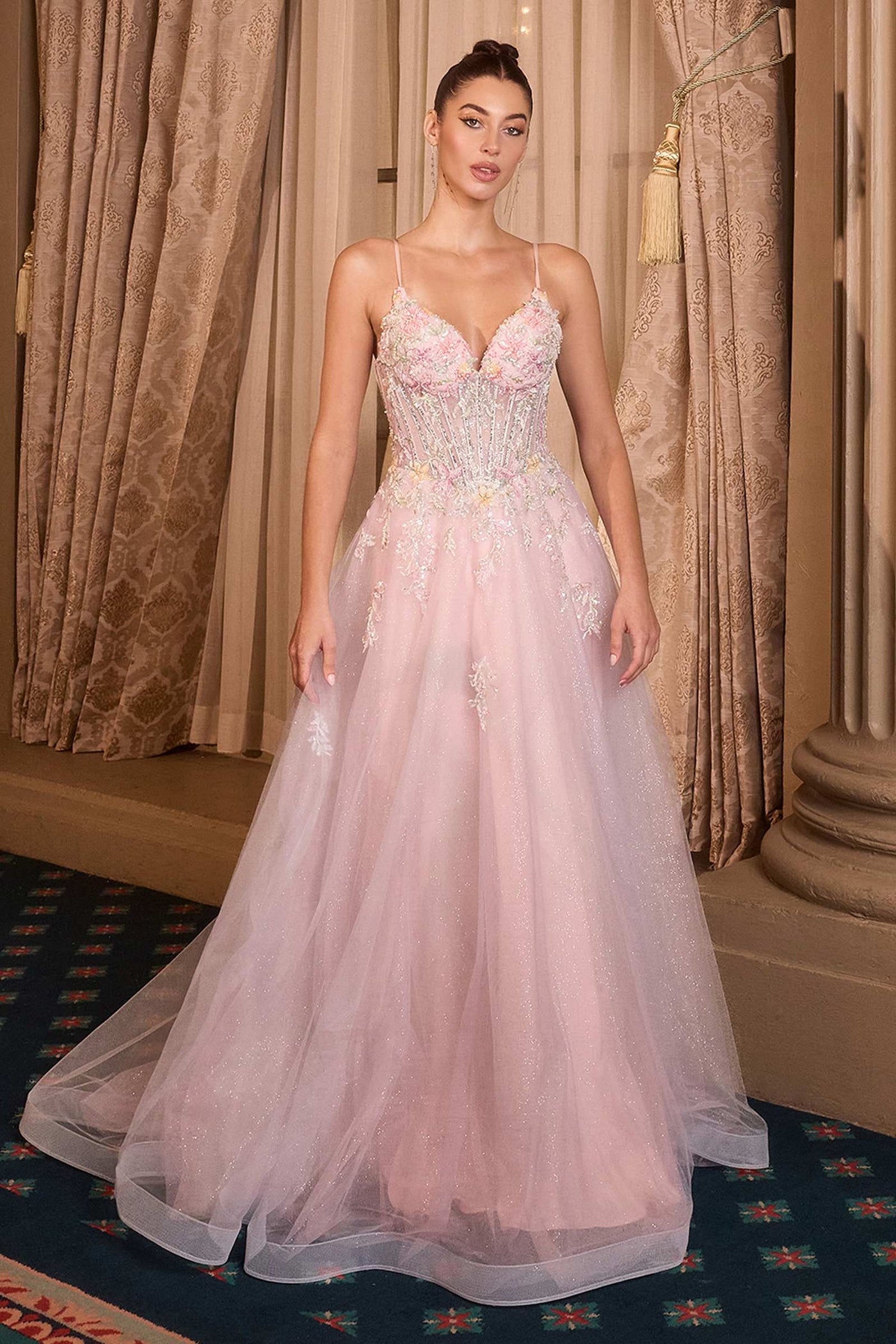 Andrea & Leo A1477 Deep V-Neck Floral Print Applique A-Line Ball Gown - Glamourous Grace