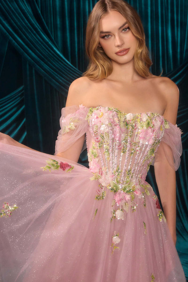 Andrea & Leo A1479 Long A-Line Off Shoulder 3D Floral Applique Gown - Glamourous Grace