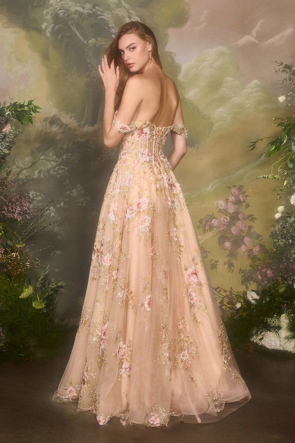 Andrea & Leo A1480 Long A-Line Floral Embroidered Straps Tulle Gown - Glamourous Grace
