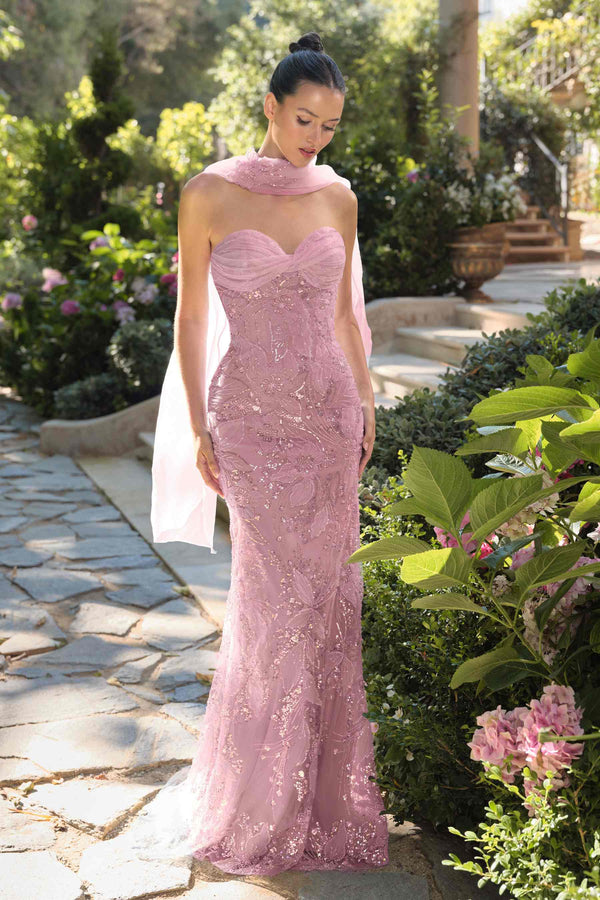 Andrea & Leo A1484 Fitted Gown Strapless Sweetheart Embroidered Floral Motif - Glamourous Grace