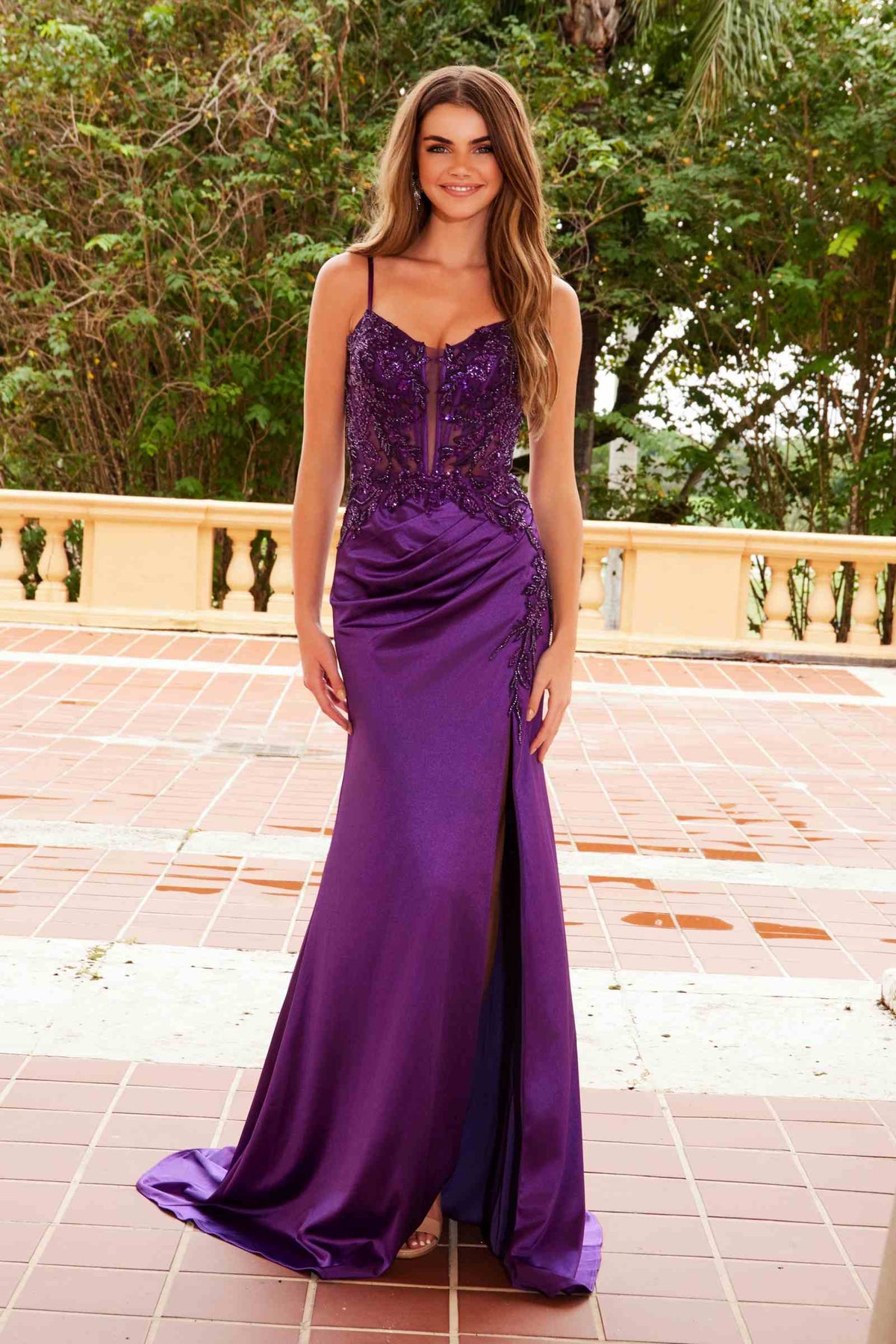 Nox Anabel A1585 Sleeveless Floral Applique Satin Dress with Slit - Glamourous Grace
