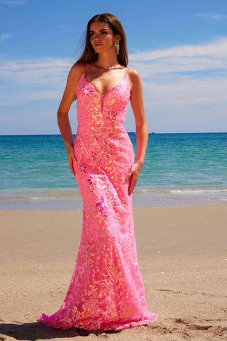 Nox Anabel A1587 Deep V-Neck Floral Sequined Tulle Dress