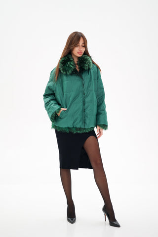 Reversible Genuine Silver Fox  Down Fill Coat in Emerald