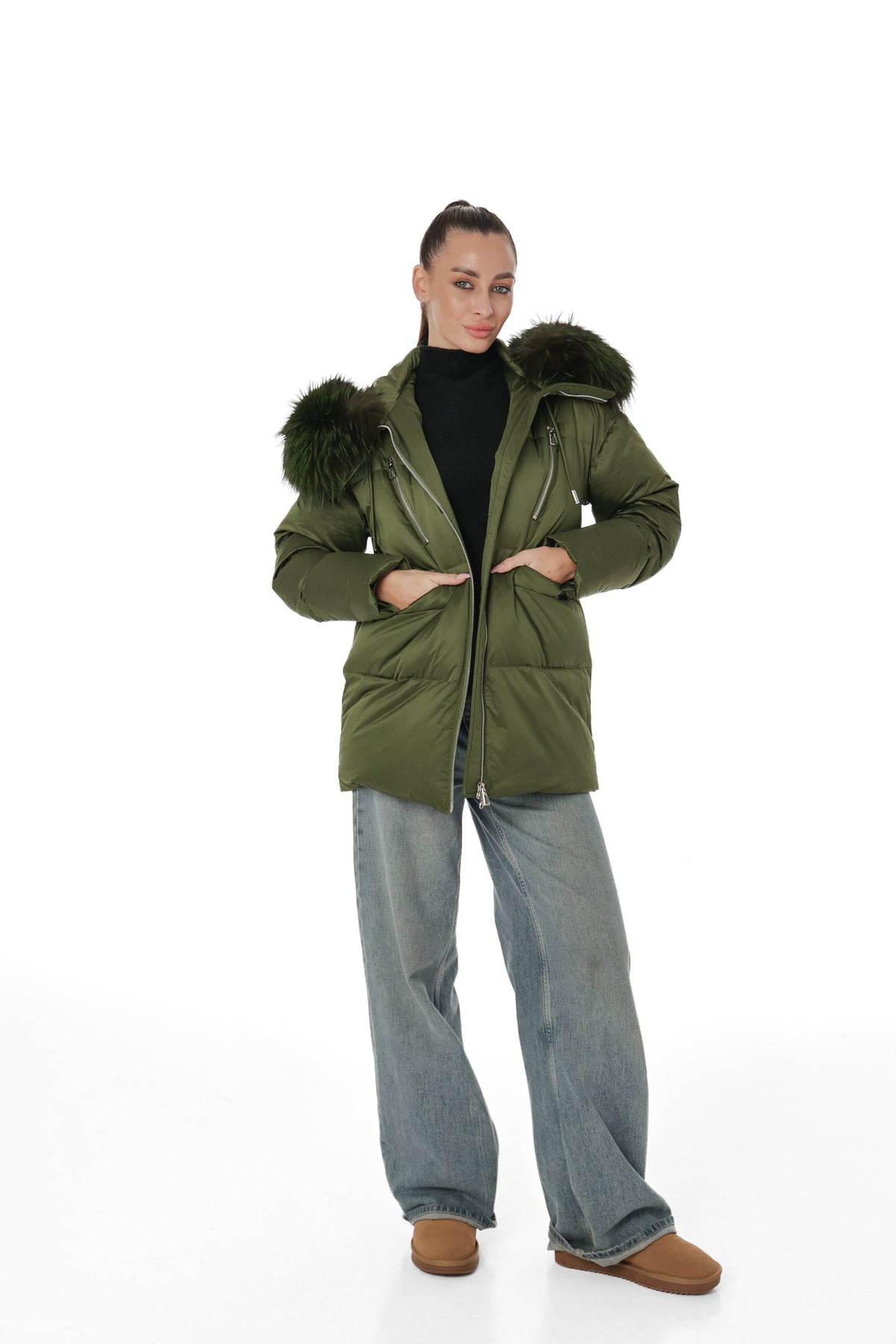 Genuine Silver Fox Fur Down Fill Coat