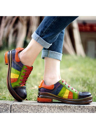 Casual Lace Up Loafers Shoes Women's Leather Comfy Flats