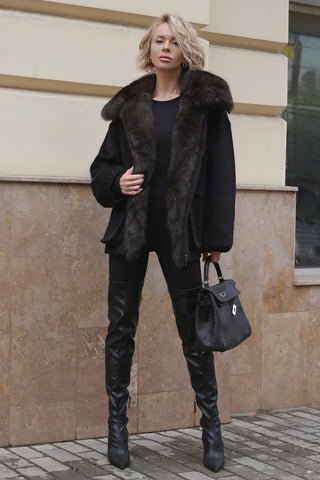 Rimini Genuine Fur Trim Wool Blend Parka in Black