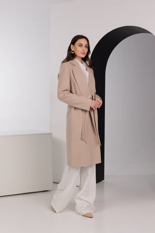 Geneva Classic Wraparound Wool Blend Overcoat in Beige