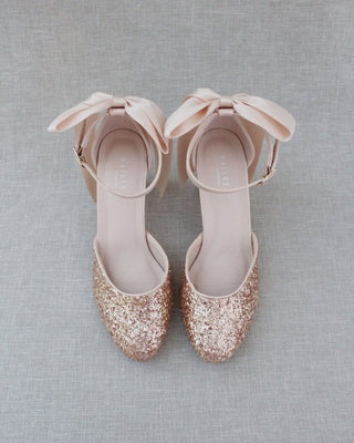 Rock Glitter Block Heel with Blush Satin Back Bow