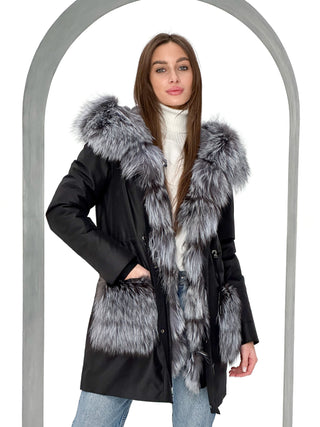 Roma Genuine Silver Fox Fur Rabbit Fur Insulated Parka in Black