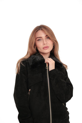 Genuine Suede Mink Trim Jacket