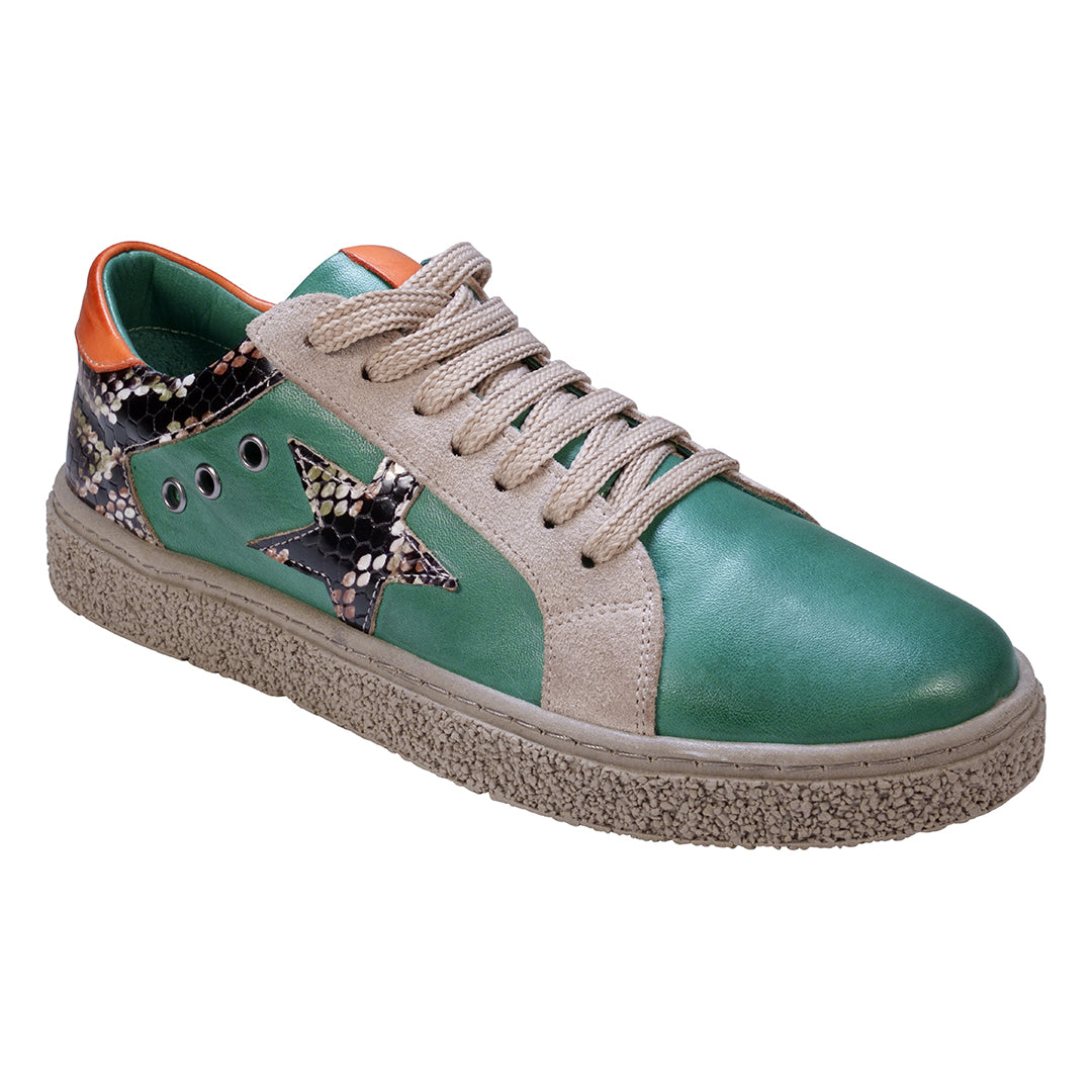 Charlee Green Snake Skin Two-Tone Star Motif Lace Up Sneakers - Glamourous Grace