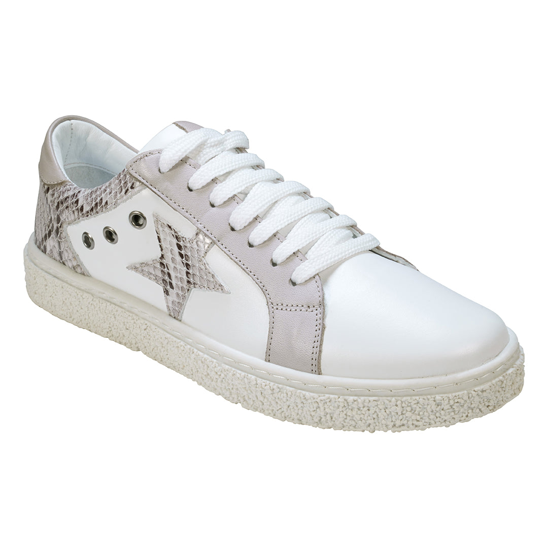 Charlee White Snake Skin Two-Tone Star Motif Lace Up Sneakers - Glamourous Grace