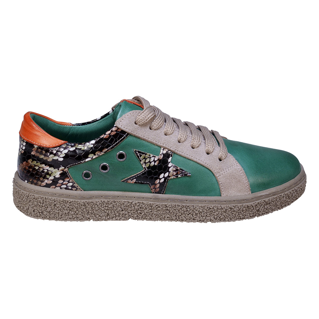 Charlee Green Snake Skin Two-Tone Star Motif Lace Up Sneakers - Glamourous Grace
