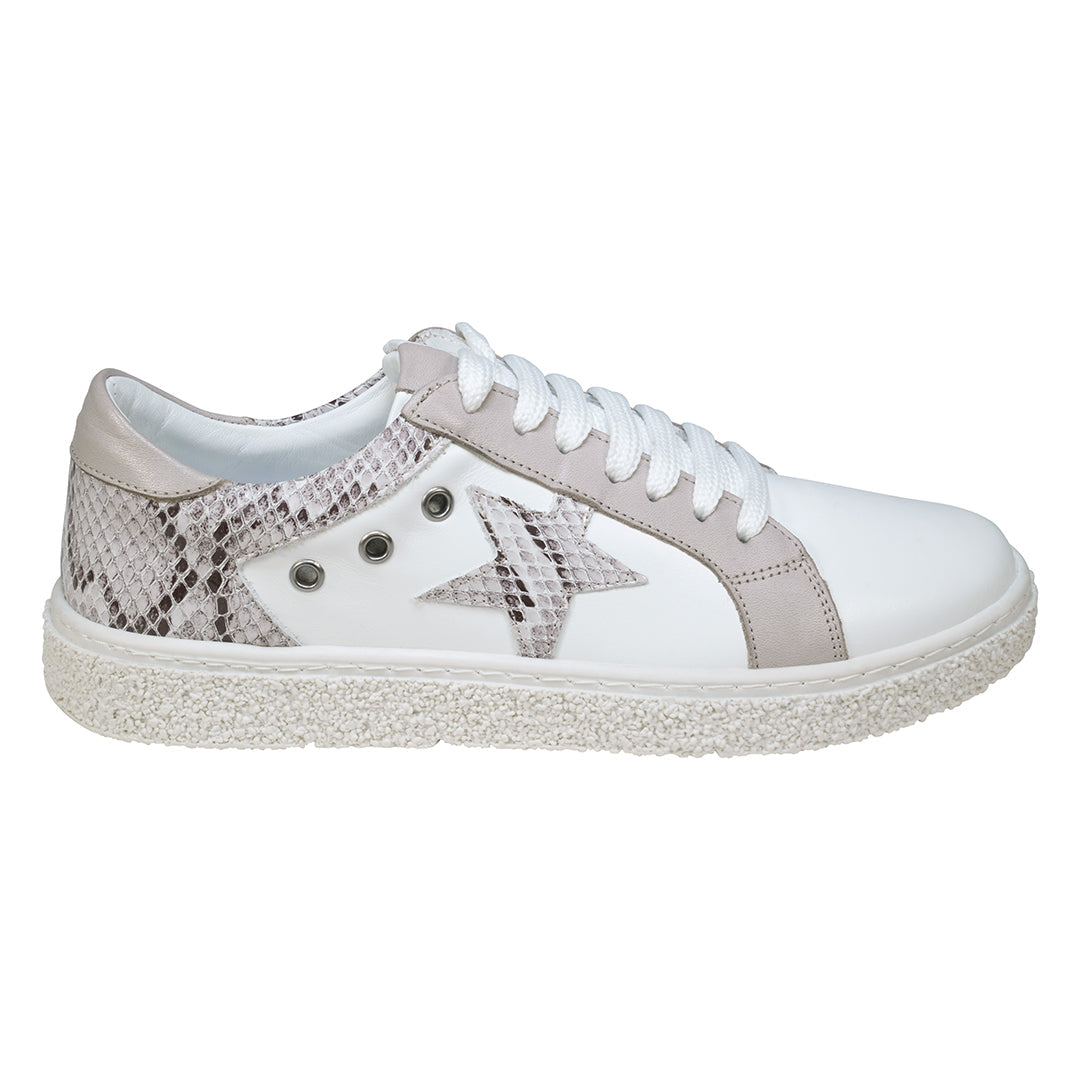 Charlee White Snake Skin Two-Tone Star Motif Lace Up Sneakers - Glamourous Grace
