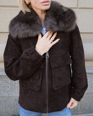 Nebraska Genuine Suede Polar Fox Trim Jacket in Cognac