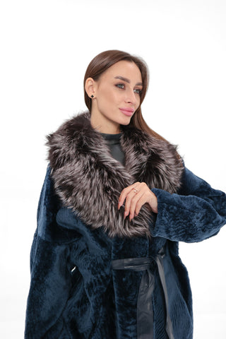 Calabria Genuine Astrakhan Silver Fox Trim Coat