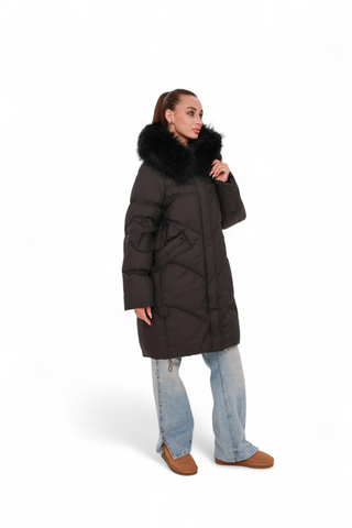 Nellie Genuine Fur Trim Down Fill Coat in Black