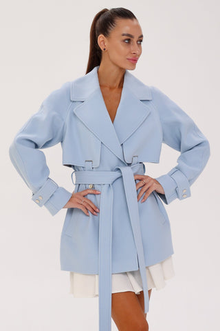 Karina Midi Belted Wool Cashmere Blend Overcoat in Sky Blue