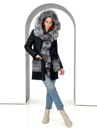 Roma Genuine Silver Fox Fur Rabbit Fur Insulated Parka in Black