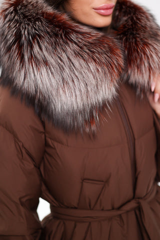 Tyler Genuine Silver Fox Down Coat in Chocolate