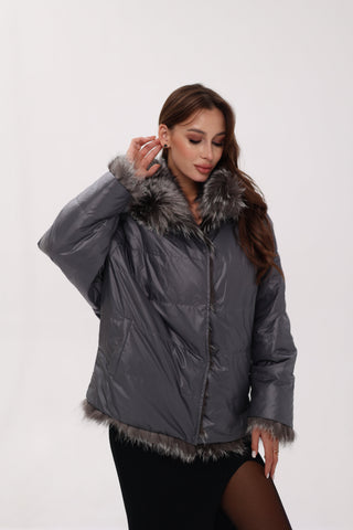 Reversible Genuine Silver Fox  Down Fill Coat in Grey