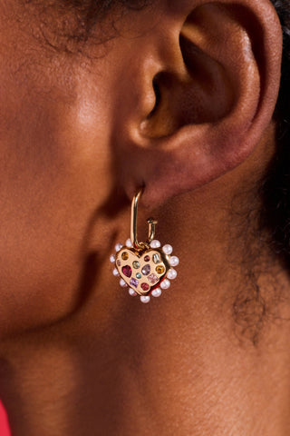 Puffy Heart Gemstone And Pearl Charm Hoop Earrings