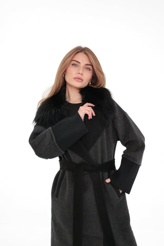 Boston Genuine Silver Fox Cashmere Blend Double-Face Coat in Graphite