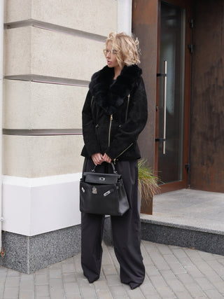 Vivienne Genuine Suede Polar Fox Trim Coat in Black