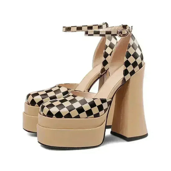Leather Super Heels Platform Banquet High Heels Colorblock Chunky Heel - Glamourous Grace