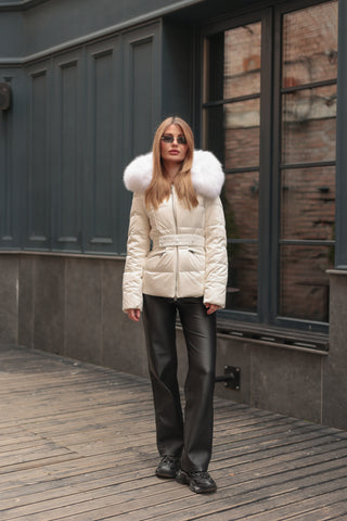 Astrid Genuine Fur Trim Down Coat in White