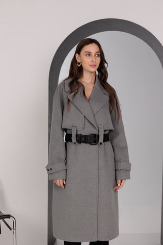Karina Belted Wool Cashmere Blend Overcoat in Grey