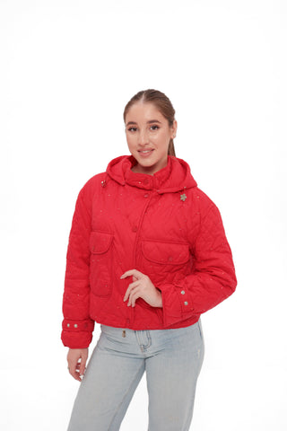 Studded Light Demi-Season Hooded Cropped Jacket in Red