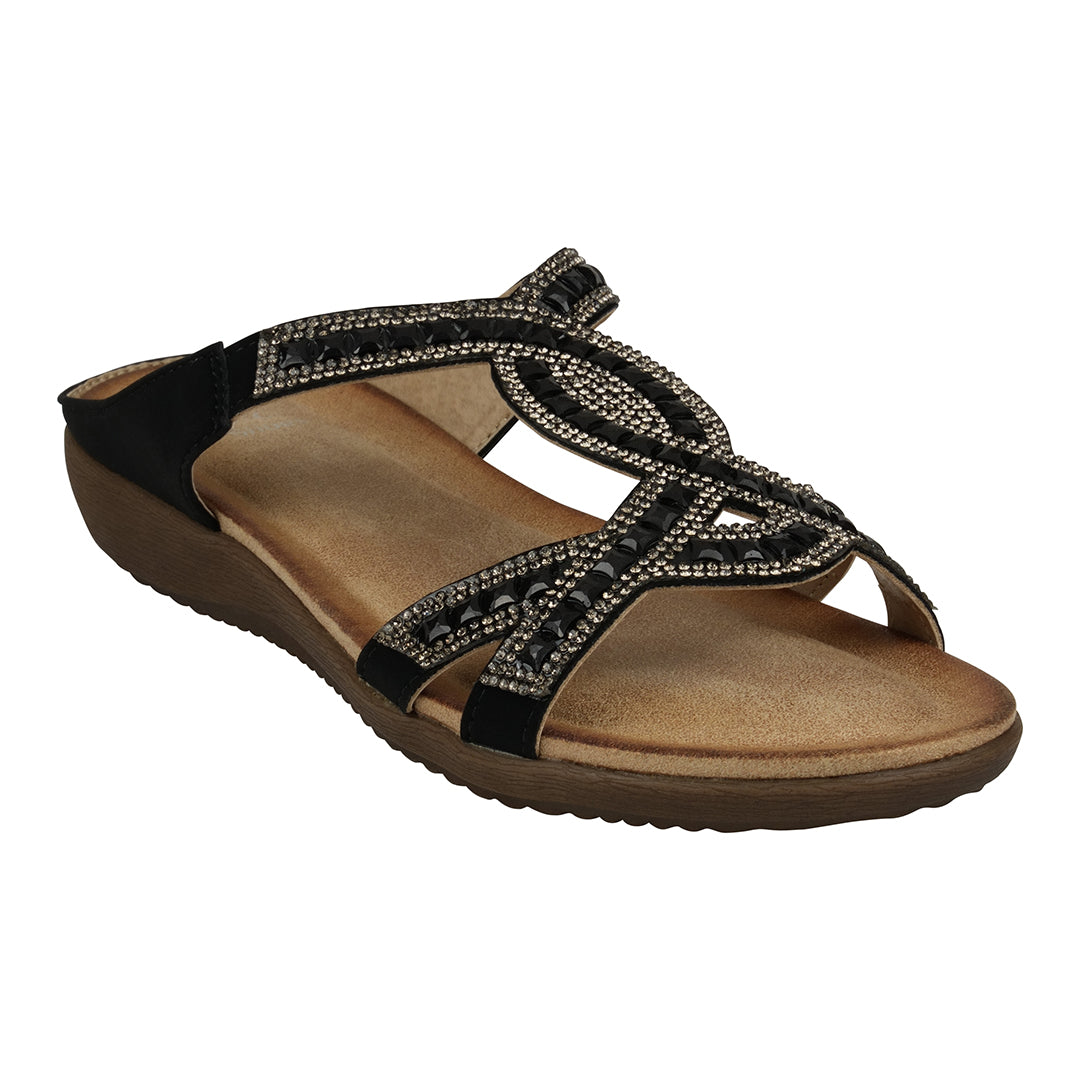Alora Black Embellished Slide Flat Sandals - Glamourous Grace