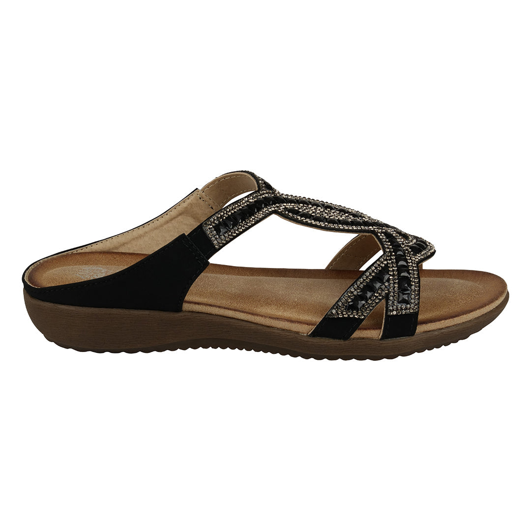 Alora Black Embellished Slide Flat Sandals - Glamourous Grace