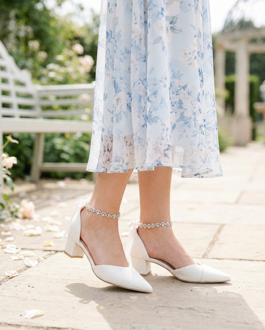 Lace Pointy Toe Low Block Heels Wedding Shoes with Amaryllis Strap